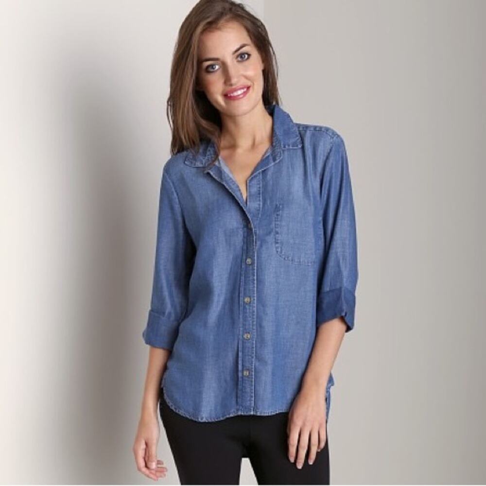 Cloth & Stone Chambray Denim Hi Low Button Up 3/4 Sleeve Shirt Size XS